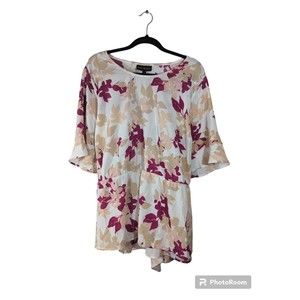 Lane Bryant Womens Floral Cream Pink Cinched Waist Tie Back Top Sz 28 Mature